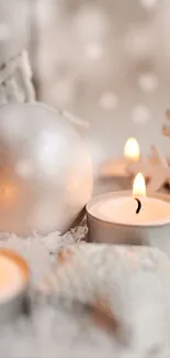 Silver ornaments and candles with snowflakes on a festive background.