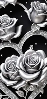 Intricate silver roses with heart design on dark background.