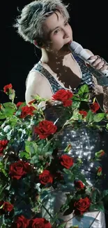 Elegant singer with microphone and red roses on a black background.