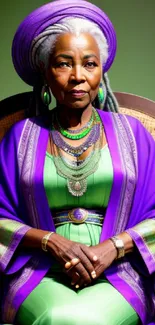 Regal elderly woman in purple and green attire sitting gracefully.