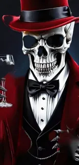 Skeleton in red suit holding a wine glass.