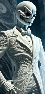 Elegant skeleton in a detailed white suit with a gothic theme.