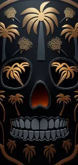 Copper skull adorned with palm motifs on a dark background.