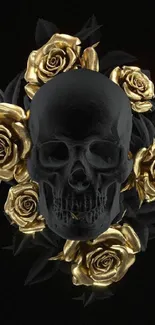 Black skull with gold roses on a dark background.