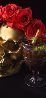 A golden skull with red roses atop, set against a black background.