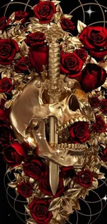 Gold skull with red roses on dark background wallpaper.