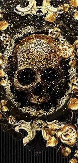 Elegant skull with gold flowers on black background wallpaper.