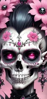 Gothic skull art with pink flowers, perfect for a unique mobile wallpaper.