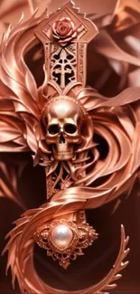 Intricate skull and floral metallic wallpaper design