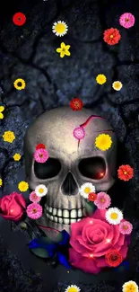 Skull adorned with vibrant flowers on a dark, cracked background wallpaper.