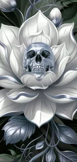 Intricate design of a skull amidst white flower petals.