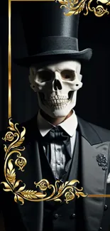 Skull in a tuxedo and top hat with golden floral accents on dark background.