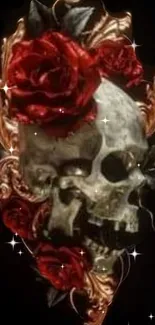 Elegant skull with red roses and gold accents wallpaper.