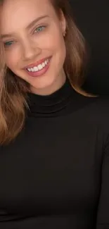 Smiling woman in black turtleneck wallpaper.