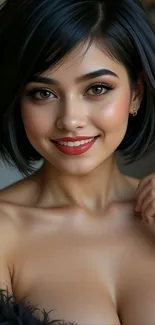 Elegant portrait of a smiling woman with short dark hair.