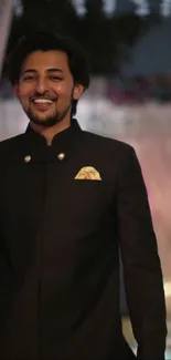 Elegant man smiling in evening attire with a charming ambiance.