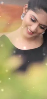 Elegant woman smiling with green-yellow dreamy background.