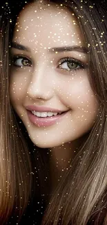 Smiling woman with long hair on dark wallpaper.