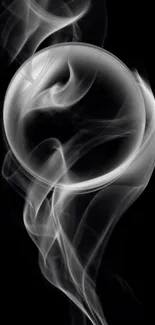 Abstract smoke swirling around a sphere on a black background.