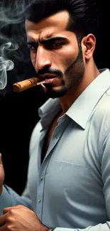 Man with cigar in elegant attire against a smoky backdrop.