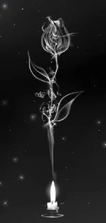 Black and white wallpaper with a smoke flower above a candle.