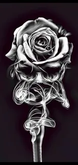 Monochrome abstract rose with smoke design on a black background.