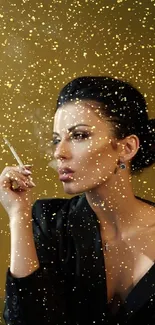 Elegant woman smoking against olive background.