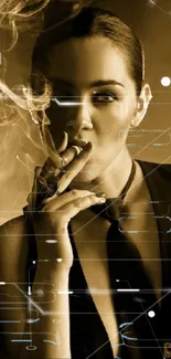 Sepia-toned image of smoking woman with elegant style.