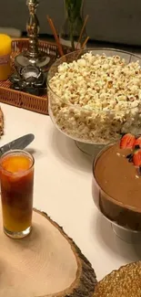 Elegant snack spread with popcorn, drinks, and dessert on a wooden platter.