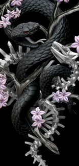 Black snake with pink flowers on dark background wallpaper.