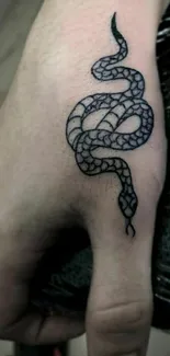 Hand with elegant black snake tattoo in artistic design.