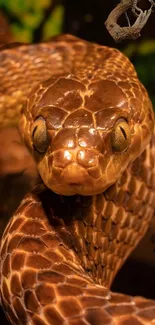 Close-up of a coiled brown snake with detailed scales.