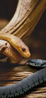 Snake resting elegantly on driftwood, enhancing natural beauty.