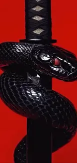 Snake coiled around a sword with red background.