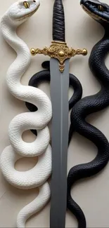 Black and white snakes intertwine a decorative sword, forming an elegant motif.