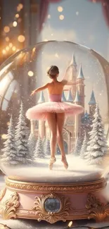 Ballerina in snow globe surrounded by winter castle.