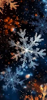 Elegant snowflakes with a glowing blue and orange night background.