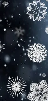 Elegant snowflake mobile wallpaper with a deep blue background.