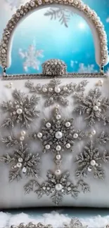 Elegant purse with snowflake design and pearls on a winter background.