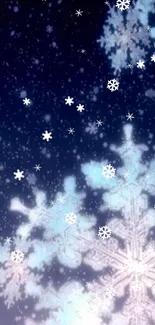 Elegant snowflake design on dark blue background, perfect for mobile wallpaper.