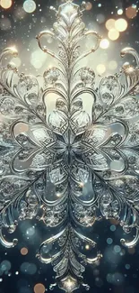Intricate silver snowflake with bokeh background for a winter-themed mobile wallpaper.