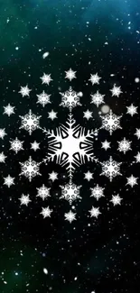 Elegant snowflake design on a starry dark green background.