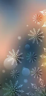 Elegant mobile wallpaper with snowflakes on a blue gradient background.