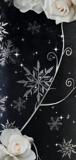 Elegant wallpaper with white roses and silver snowflakes on dark background.