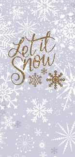 Elegant snowflakes with 'Let it Snow' text on lavender background.