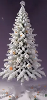 A tall snowy Christmas tree with festive decorations.