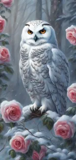 Snowy owl perched among pink roses in a snowy forest.