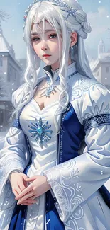 Snowy princess in winter landscape, elegant and serene.