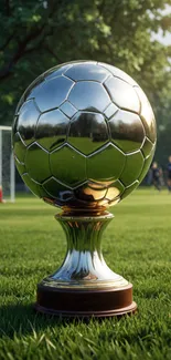 Shiny soccer trophy on green field with players in background.