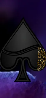 Elegant black spade with gold on purple background.